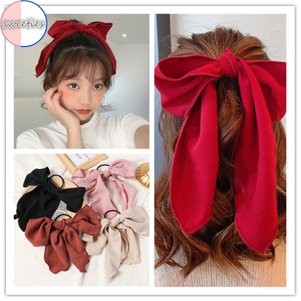 Dây buộc tóc kiểu nơ bản lớn màu trơn hợp thời trang