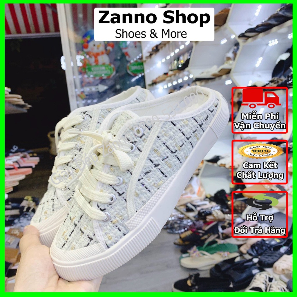 Giày Sục Đạp Gót Thể Thao Nữ Z Vải Dạ Siêu Đẹp Màu Kem Kẻ Đen Và Kim Tuyến Vàng Óng Ánh