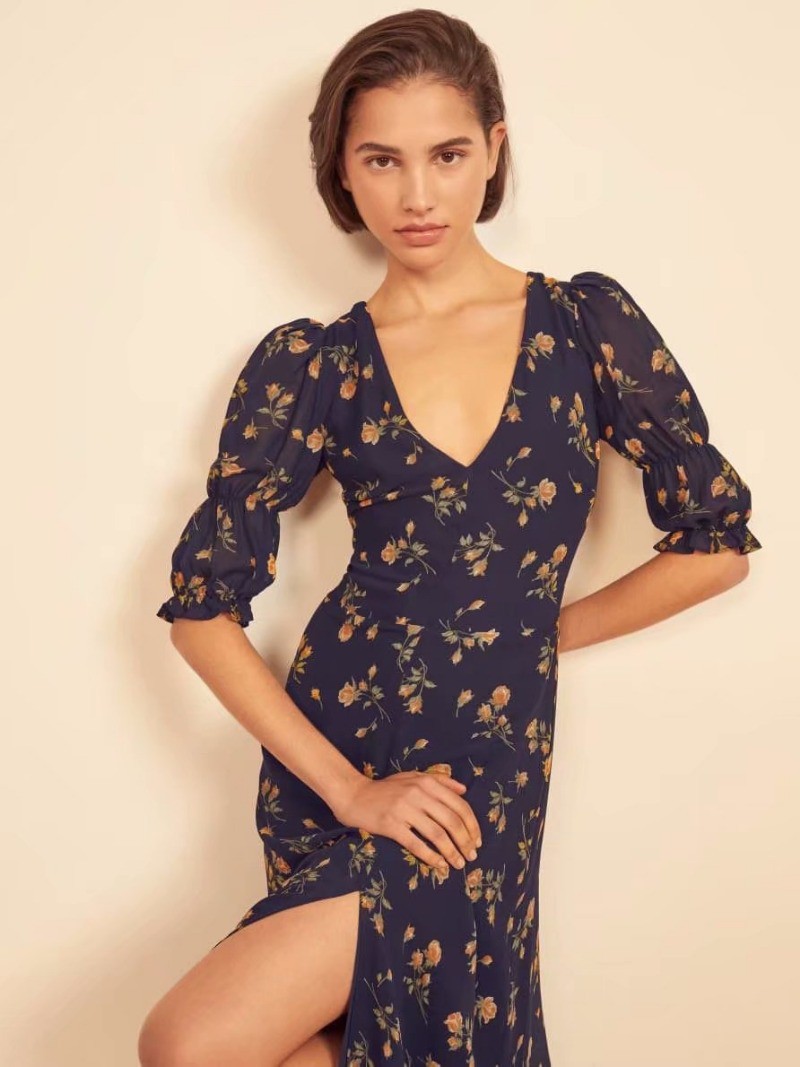 2020 autumn pullover v-neck short-sleeved flower print split dress women's clothing | BigBuy360 - bigbuy360.vn