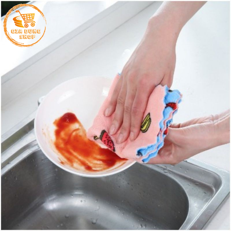 Khăn Lau 2 Mặt Họa Tiết Hoa Quả Hoạt Hình 25x25cm Siêu Thấm Hút Nước Vải San Hô