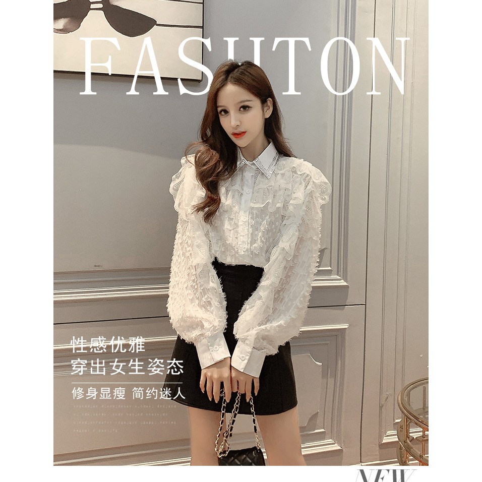 Áo ren cổ lấp lánh tay bồng phối ren bồng bềnh bánh bèo nữ tính Ullzang Hàn Quốc công tước điệu