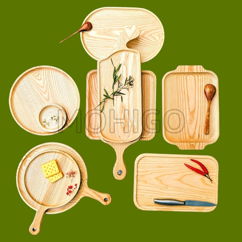 Khay gỗ decor, khay trang trí có tay cầm hình tròn chữ nhật đựng đồ Mohigo