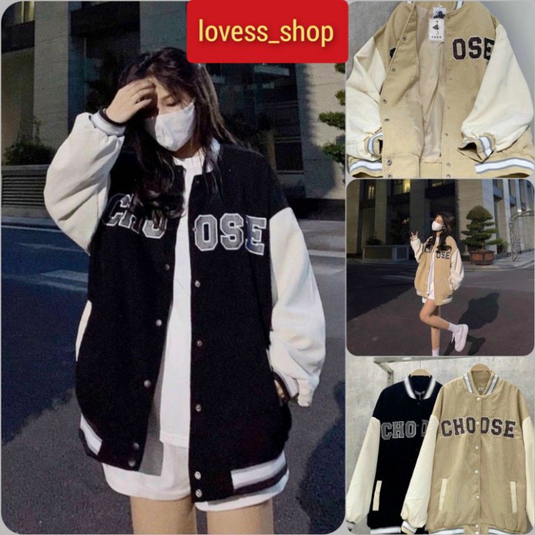 Áo khoác bomber kaki nhung gân unisex in hoạ tiết phối màu kiểu Mới nhất đen & kem phong cách hàn