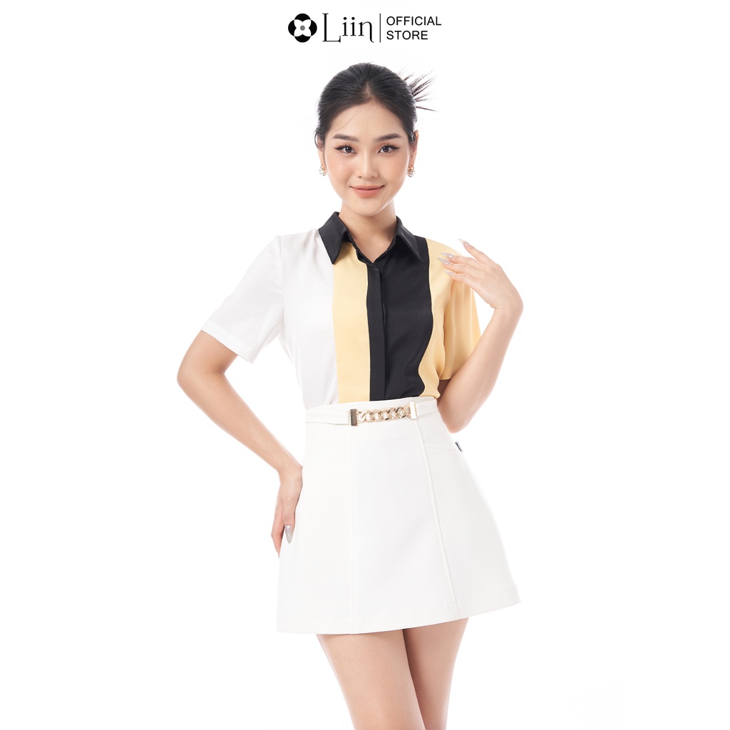 Áo sơ mi linbi ngắn tay mix màu vàng đen trắng mặc tôn da kiểu dáng trẻ trung Liin Clothing SM4385