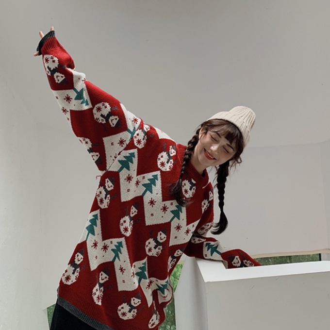 Áo Len Chui Đầu Dáng Rộng Họa Tiết Giáng Sinh Màu Đỏ Thời Trang Cho Nam Và Nữ Size S-2XL