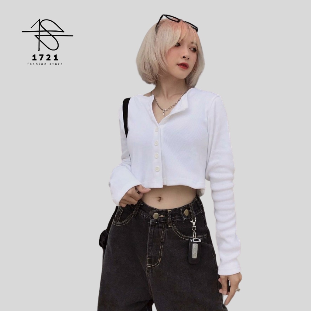 Áo Croptop YAN Cổ Tim Tay Dài Phối Khuy Unisex (7 MÀU)