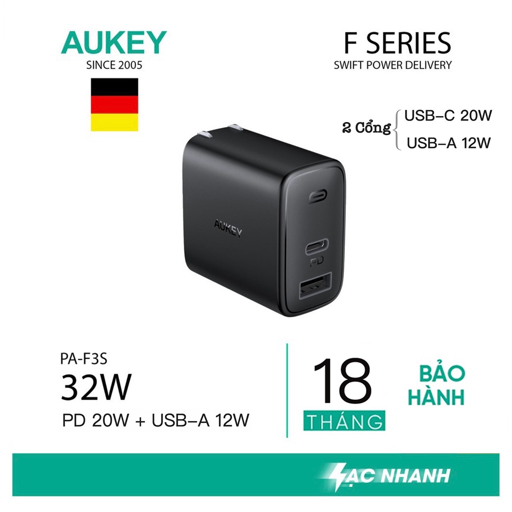 Củ Sạc Nhanh Aukey PA-B1 Pro 20W,PA-F3S 32W ,Cáp Sạc nhanh CB-CL3 Type-C to Lightning,Bảo Hành 18T