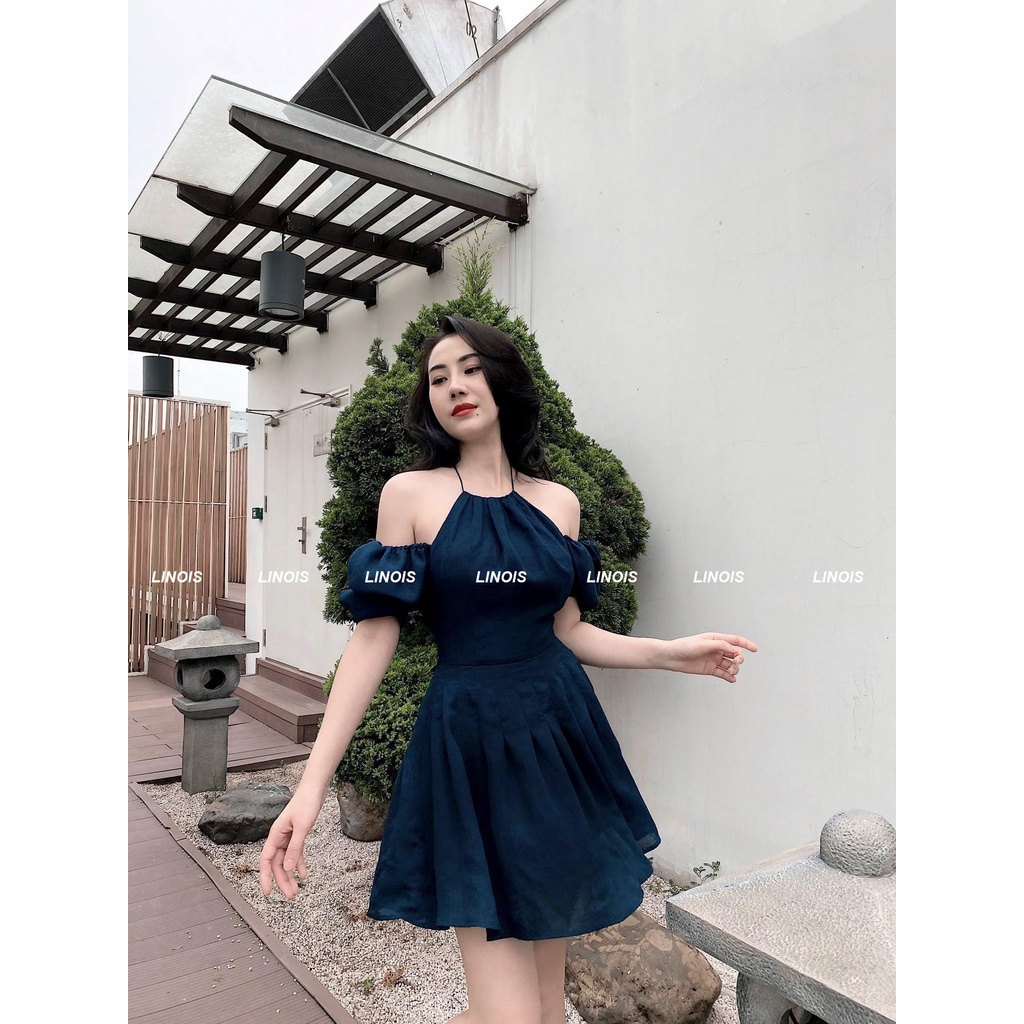 Đầm Voan Dáng Xòe Cổ Yếm Tay Phồng Trễ Vai Bo Eo - Vải Chiffon - Màu Xanh - Dành Cho Nàng Đi Tiệc, Đi Chơi