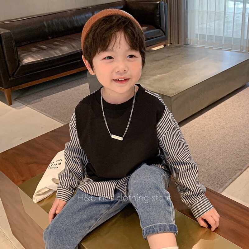 (jean baby ) sét bộ áo phối kẻ kết hợp quần jean bò rách kiểu hàn cho bé(8-22kg)