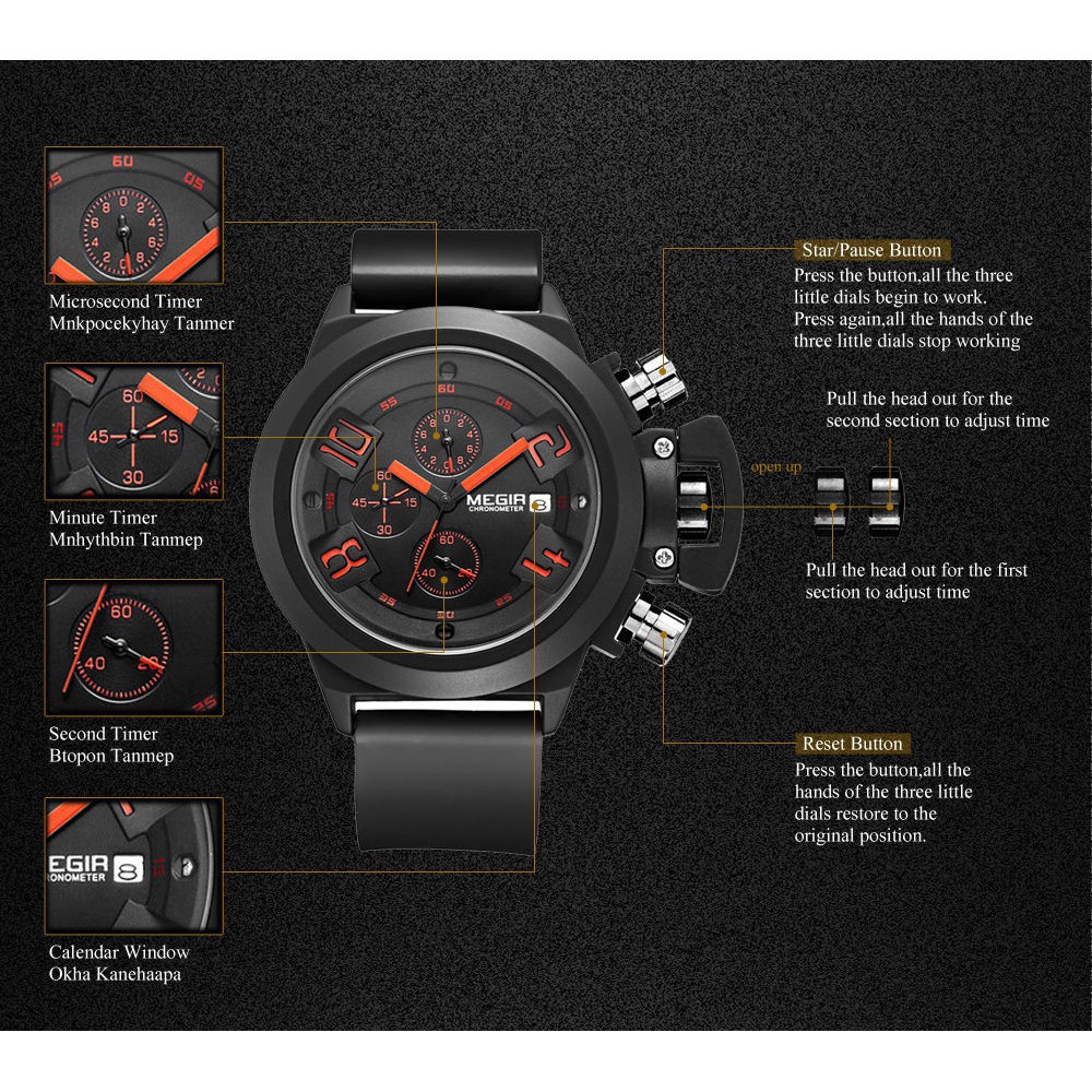 Đồng hồ đeo tay mặt chạm khắc 3D dây silicone đen chống nước dành cho nam MEGIR