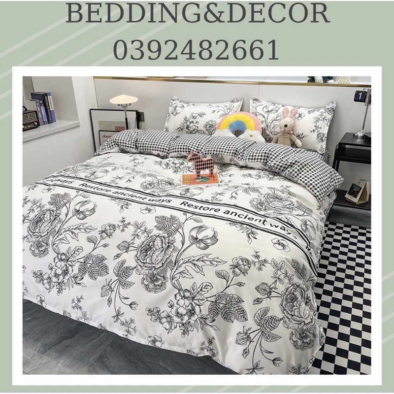 Bộ chăn ga gối Cotton Poly HOA TRẮNG ĐEN (drap giường Hàn Quốc miễn phí bo chun ga giường bọc đệm)