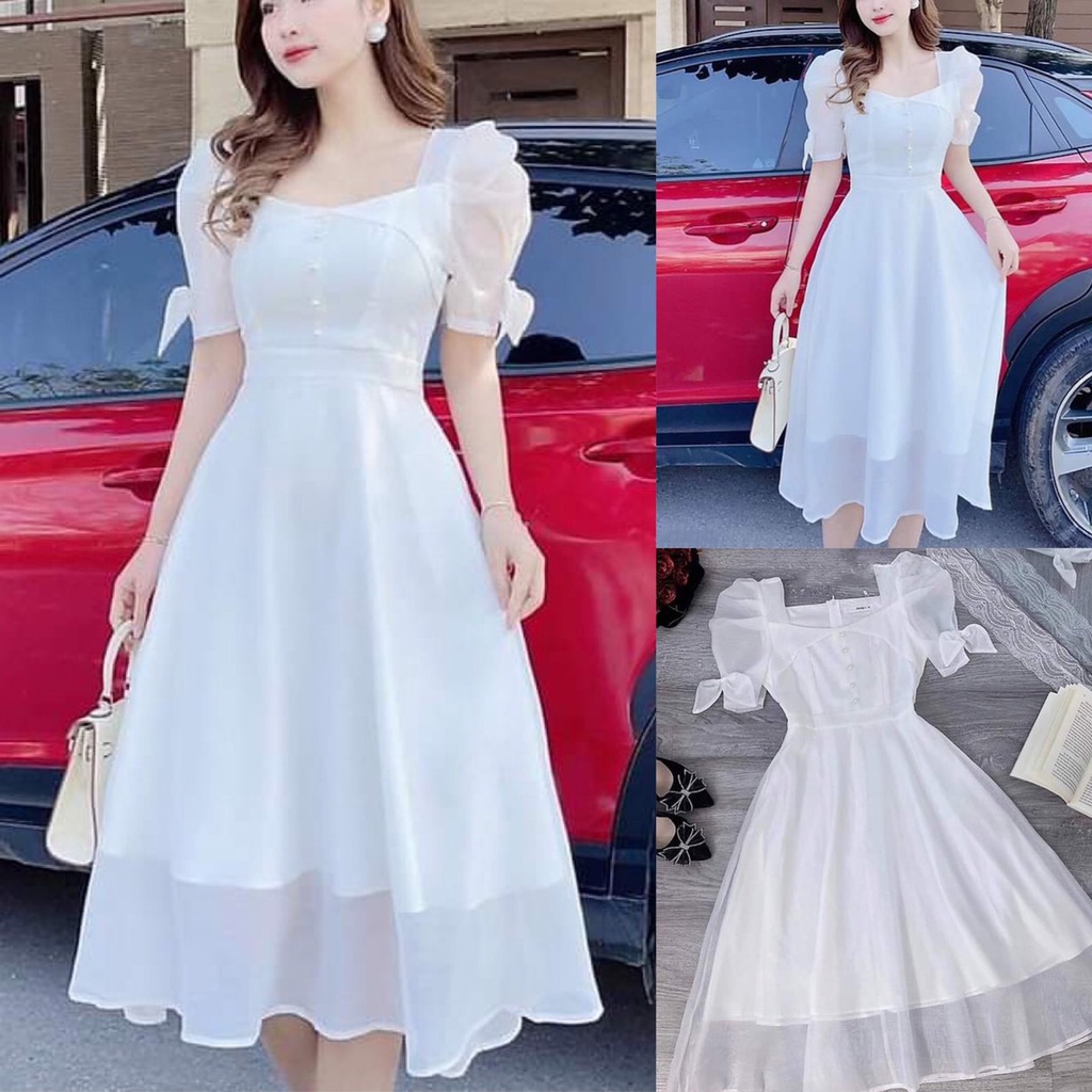 Đầm Váy Nữ Chất Voan Có Lớp Lót Trong Tay Nơ Kết Cườm Thiết Kế Sang Chảnh Đi Làm Công Sở, Đi Chơi Du Lịch Cực Xinh Đẹp
