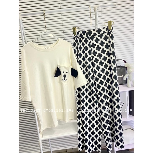 Set áo cotton quần suông gân cún đáng yêu M15