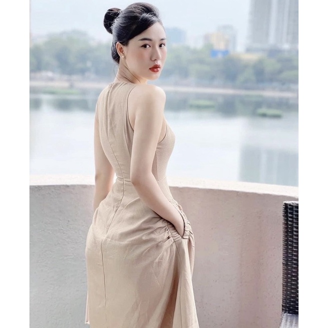 Đầm kem cổ tròn 2 túi