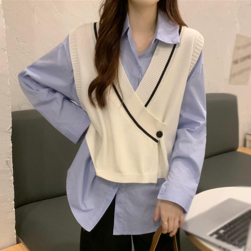 Áo Khoác Len Cardigan Sát Nách Cổ Chữ v Màu Sắc Tương Phản Phong Cách Hàn Quốc Cho Nữ | BigBuy360 - bigbuy360.vn