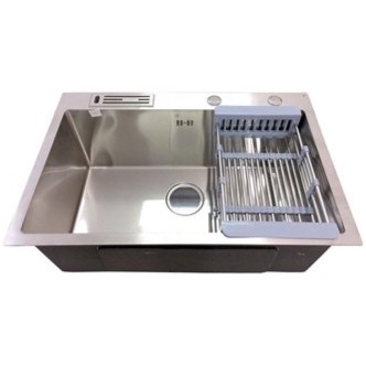 Chậu rửa chén 1 hộc cao cấp INOX304 , DÀY 3mm mặt, kích thước 68x45cm, có dắt dao, tặng rổ kéo đa năng