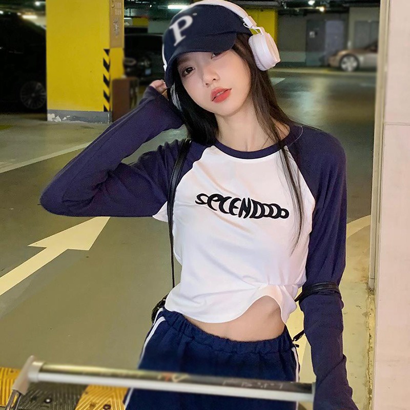 Áo Thun Crop Top Ôm Dáng Tay Dài Cổ Tròn In Chữ Màu Sắc Tương Phản Phong Cách Hàn Quốc Thời Trang Cho Nữ