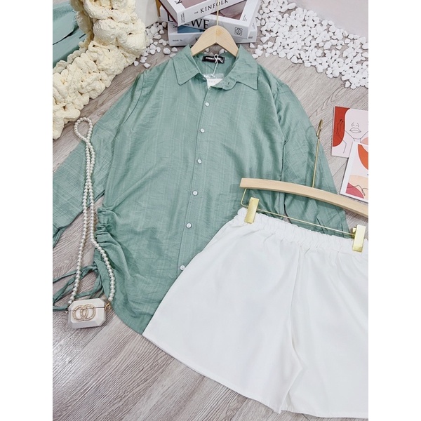 [ 𝐅𝐑𝐄𝐄 𝐒𝐇𝐈𝐏 ] SET SƠ MI XANH RÚT HÔNG MIX QUẦN SOOC TRẮNG HÀNG L1