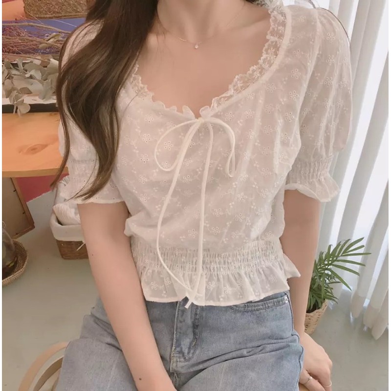 Áo croptop kiểu tay phồng hottrend dáng áo freesize chất vải thô mềm dễ thương dành cho các cô nàng nữ tính