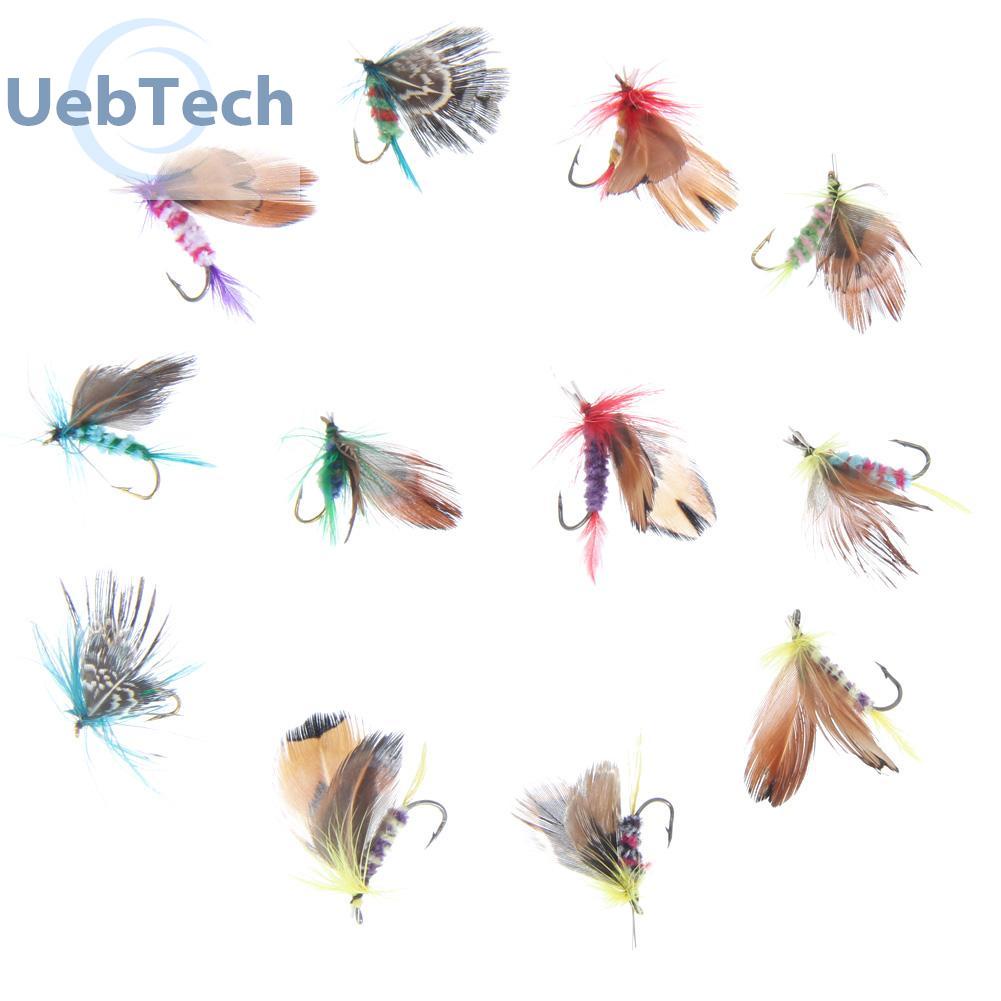 Uebtech 12pcs Fly Fishing Lure Set Style Insect Artificial Bait Feather Single Hook
