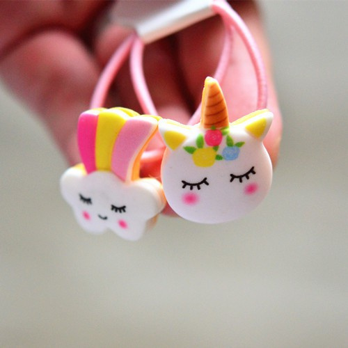 Set 2 dây cột tóc co giãn hình kỳ lân màu cầu vồng dễ thương cho bé gái