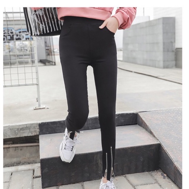 Quần skinny kaki lưng liền ống xẻ phối dây kéo size ngoại cỡ 60-90kg