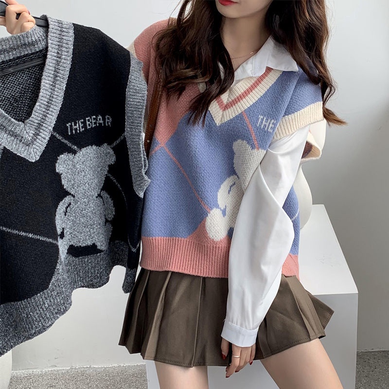 Áo khoác len không tay in hình gấu thời trang Hàn Quốc