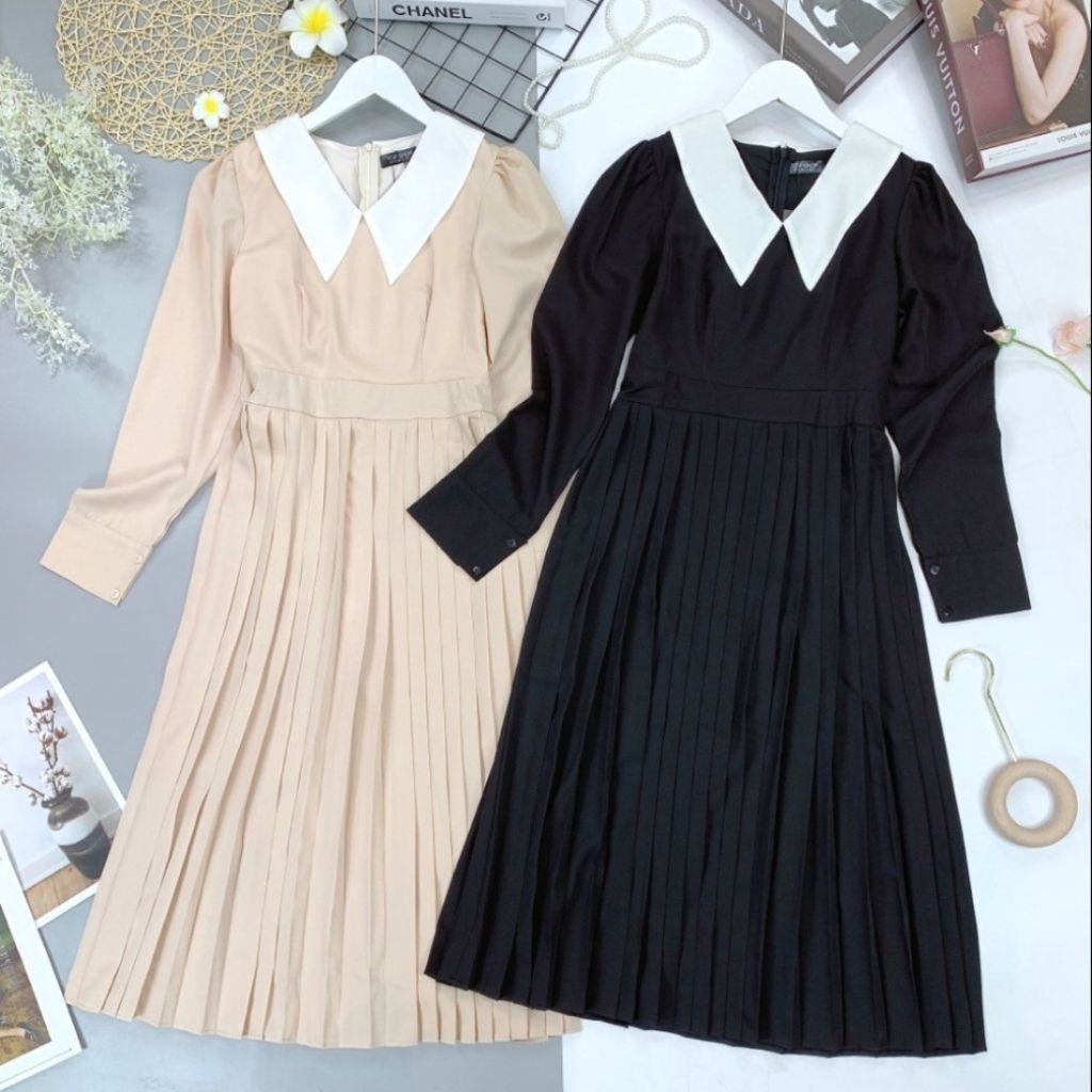  Váy nữ thiết kế dập ly tay dài, Đầm xòe trẻ trung thanh lịch HN clothing V25 | BigBuy360 - bigbuy360.vn