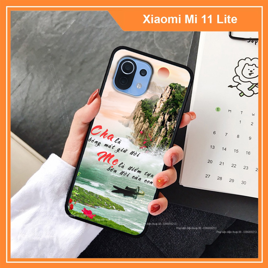 Ốp lưng kính cường lực Xiaomi Mi 11 Lite phong cách thư pháp, cha mẹ, tài lộc, vợ chồng - CAO CẤP - SANG TRỌNG