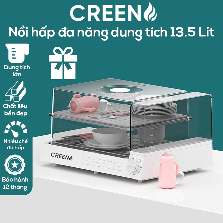 Nồi hấp điện thương hiệu Creen dung tích 13.5 lít, công nghệ sản xuất tiêu chuẩn Hàn Quốc | Bảo hành 1 năm