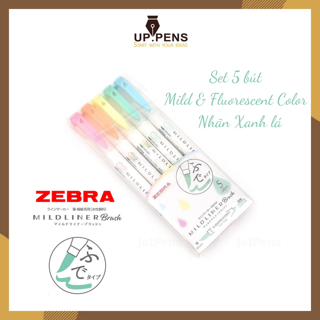 Bộ 5 bút lông đầu cọ Zebra Mildliner Double-Sided Highlighter Brush - Brush/ Extra Fine - 5 Mild &amp; Fluorescent Color Set