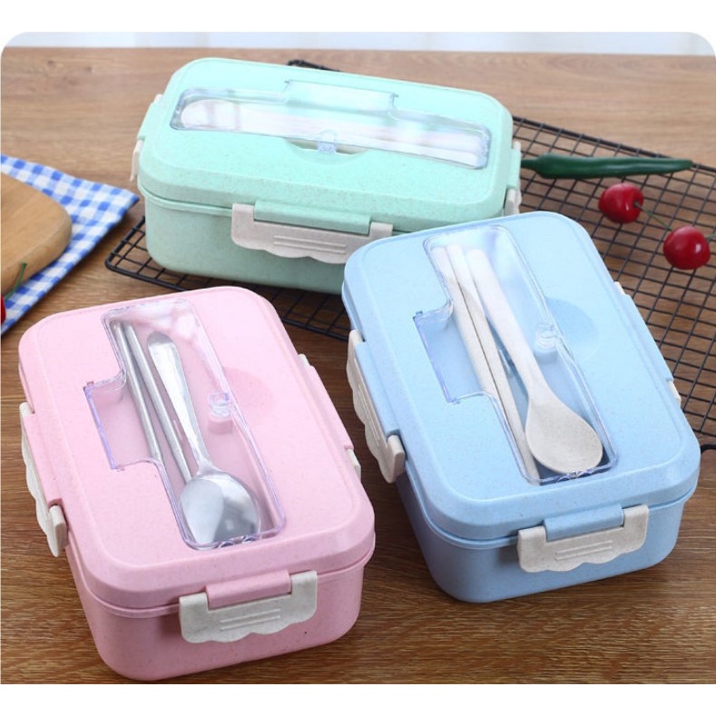 Hộp cơm văn phòng 3 ngăn kèm đũa thìa lúa mạch an toàn tiện lợi (có thể sử dụng với lò vi sóng)