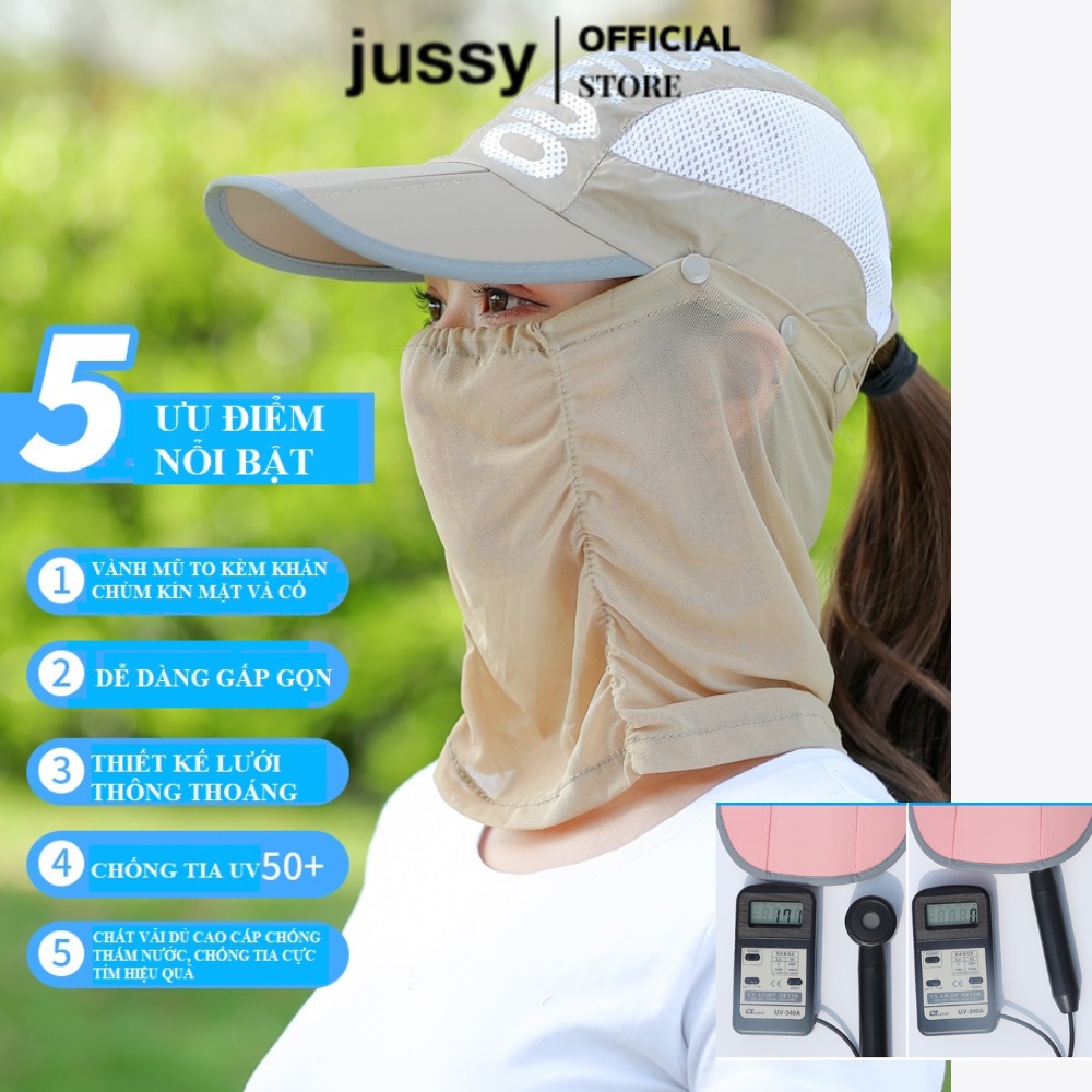 Mũ Lưỡi Trai Che Nắng Jussy Fashion Tích Hợp Khăn Và Khẩu Trang Che Hết Đầu Cổ Có Thể Tháo Rời, Gấp Gọn Chống Uv Upf 50+