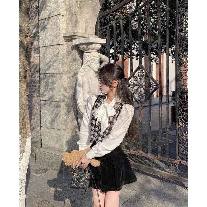 Sét áo sơ mi nơ phối áo gile dạ kẻ mix chân váy nhung siêu xinh