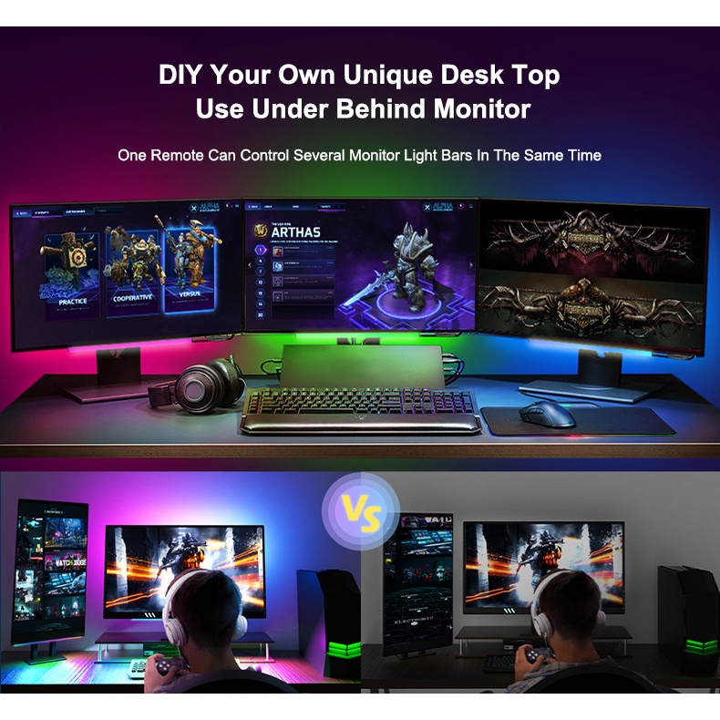 Combo 2 Thanh Đèn LED RGB Treo Màn Hình, Nháy Theo Nhạc Decor Góc PC TV Hiệu Ứng LED Đổi Màu Tặng Kèm Remote Điều Khiển