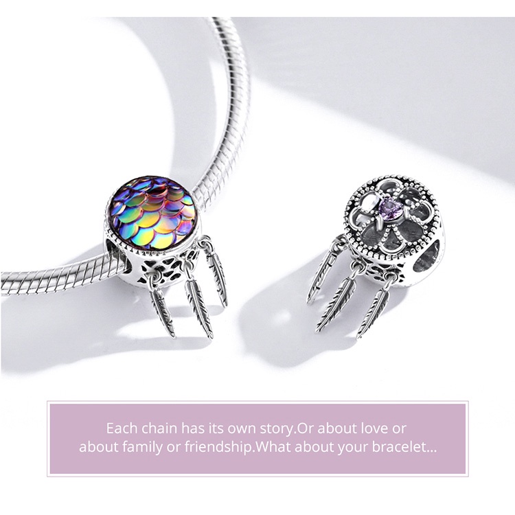 Mặt phụ kiện xỏ vòng tay BAMOER SCC1985 bằng bạc 925 tạo hình dreamcatcher sang trọng