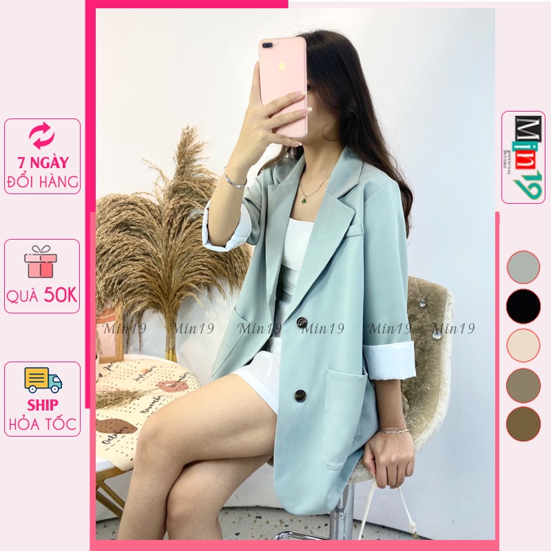 Áo Vest Nữ Blazer MIN19 Áo Khoác Blazer Nữ Công Sở Hàn Quốc 1 Lớp Form Rộng Tay Lỡ Cá Tính Màu Xanh Đen Nâu Be Thời Tran