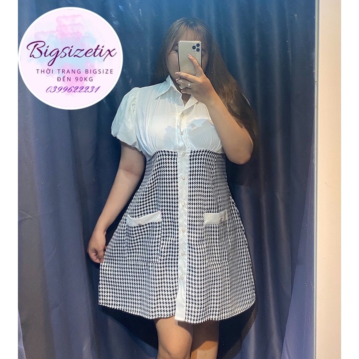 BIGSIZE Đầm sơ mi ziczac phối tay bồng bigsize 50-90kg
