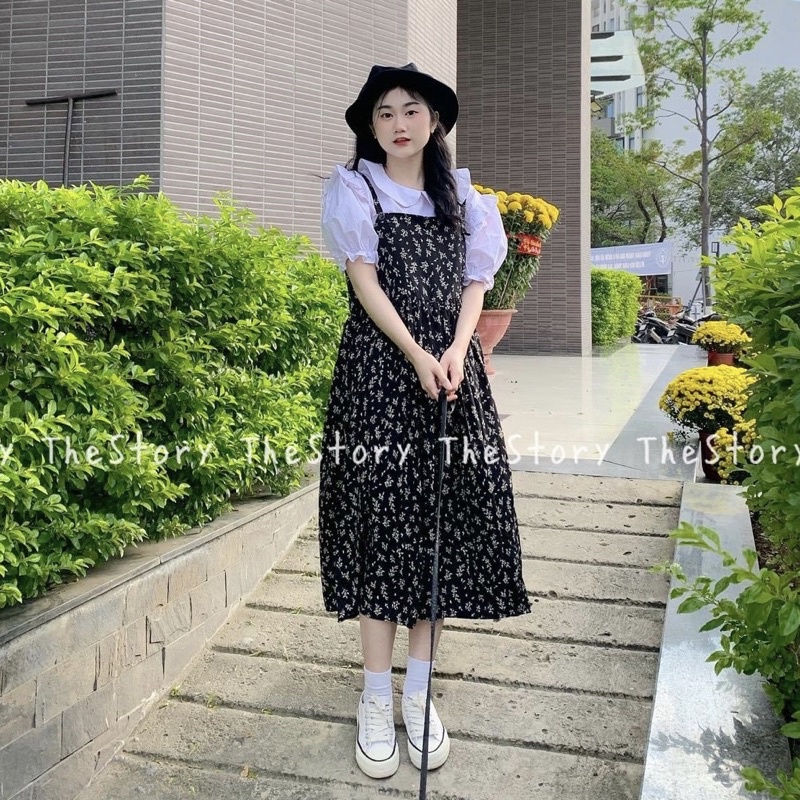 Set Áo Sơ Mi Trắng Cổ Bèo Mix Váy Yếm Hoa Dễ Thương⚡️Ảnh Thật