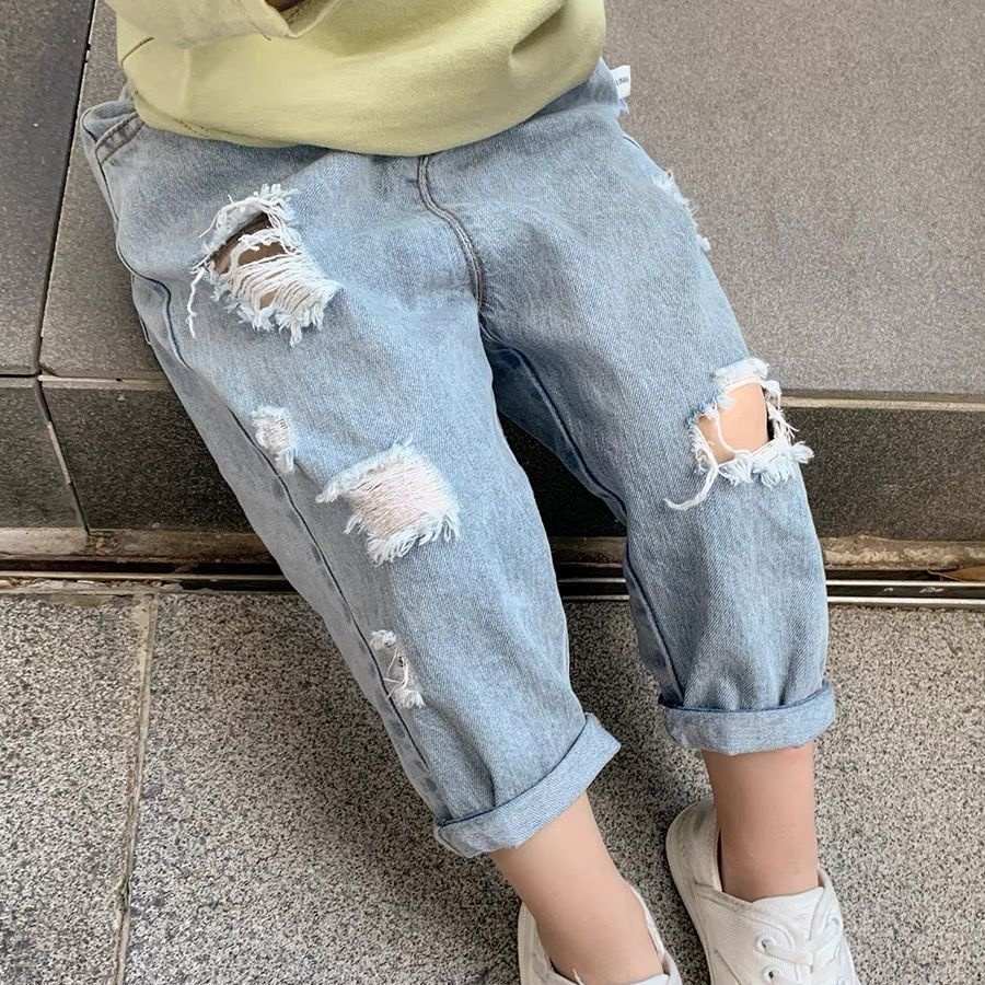 Quần Jean Dài Dáng Rộng Thiết Kế Rách Phong Cách Hàn Quốc Thời Trang Mùa Hè 2023