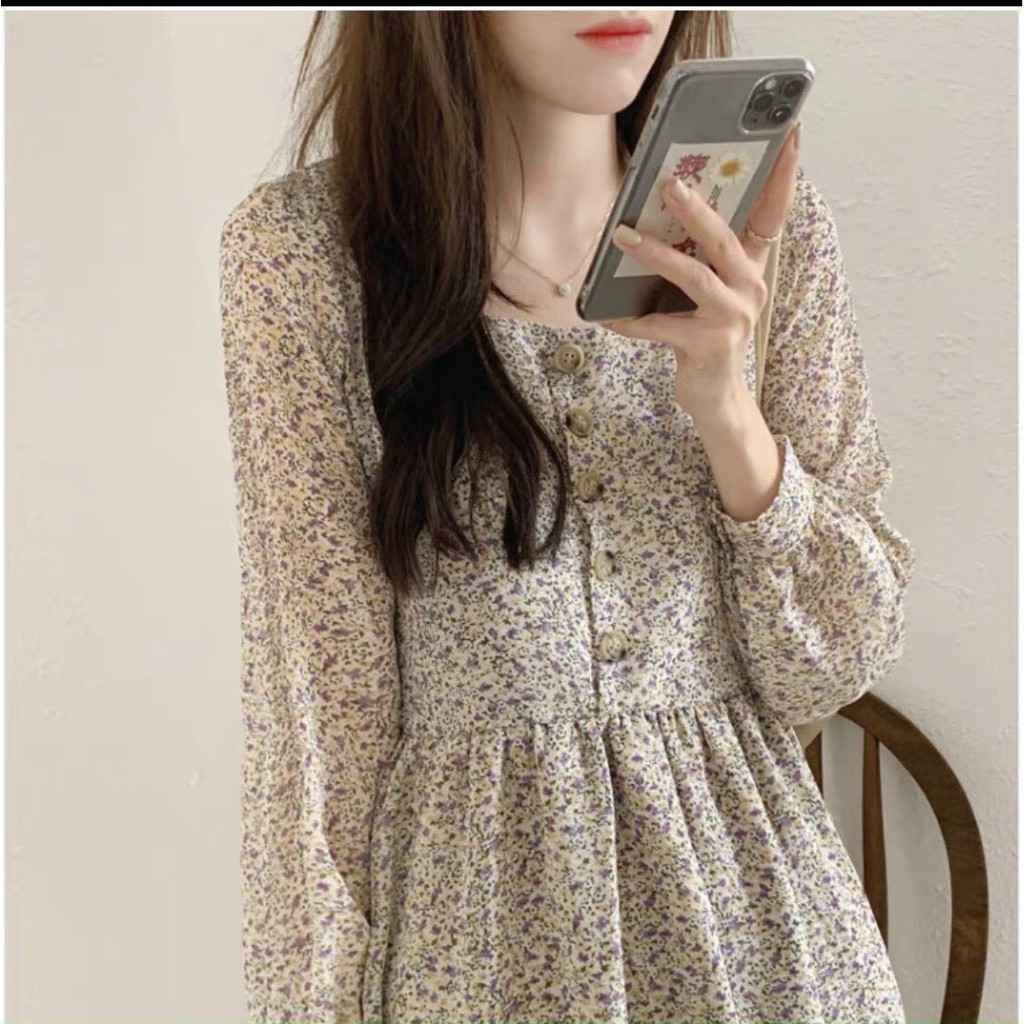 Đầm Xòe Babydoll Hoa Nhí- Váy Xòe Cổ Tròn Tay Bồng Kiểu Dáng Nhẹ Nhàng Nữ Tính Thích Hợp Cho Các Nàng Bánh Bèo | BigBuy360 - bigbuy360.vn