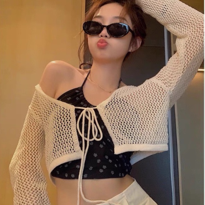 Áo khoác cadigan lưới ngắn dệt kim mỏng chống nắng đi biển thời trang phong cách Hàn Quốc