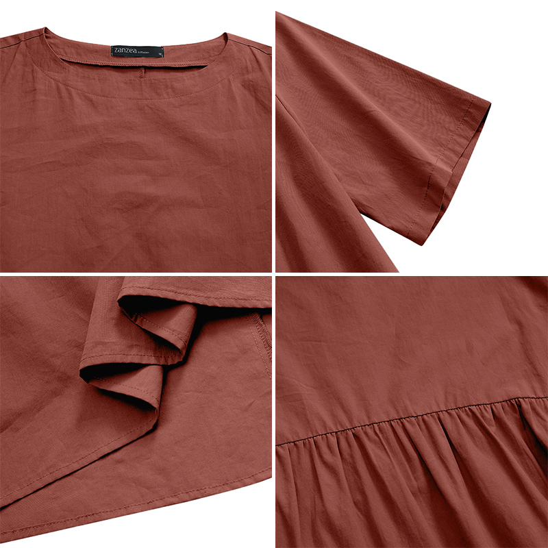 ZANZEA Women's Casual Loose Solid Round Neck Sleeves Split A-Line Dress | BigBuy360 - bigbuy360.vn