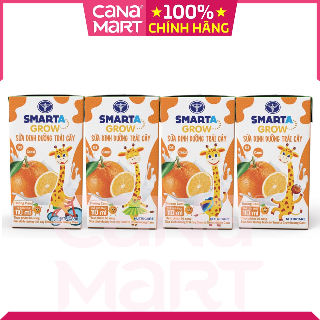 Thùng sữa nước trái cây Smarta Grow (vị cam) cho trẻ thấp còi giúp tăng chiều cao, phát triển não bộ (48 hộp x 110ml)