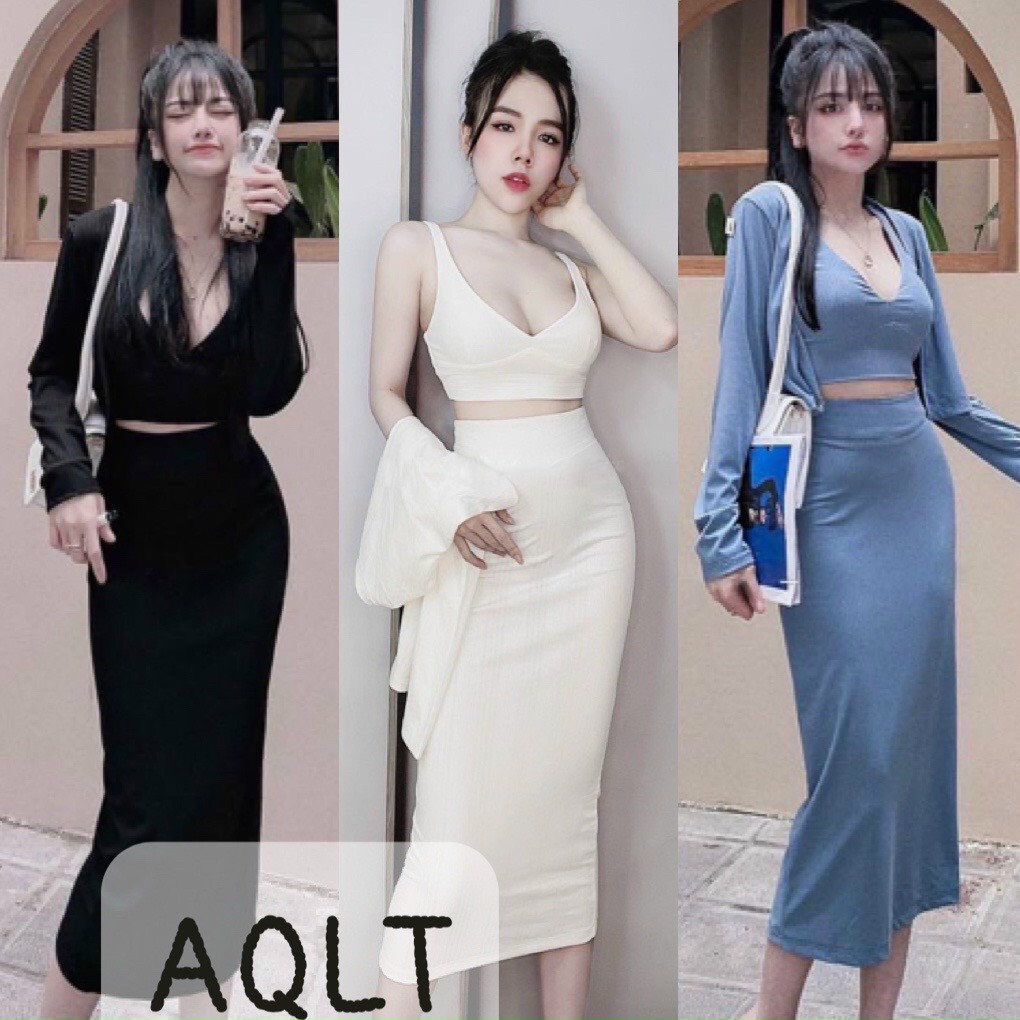 Set áo chân váy thun body kèm áo khoác dài tay (Set 3 món) set bộ nữ