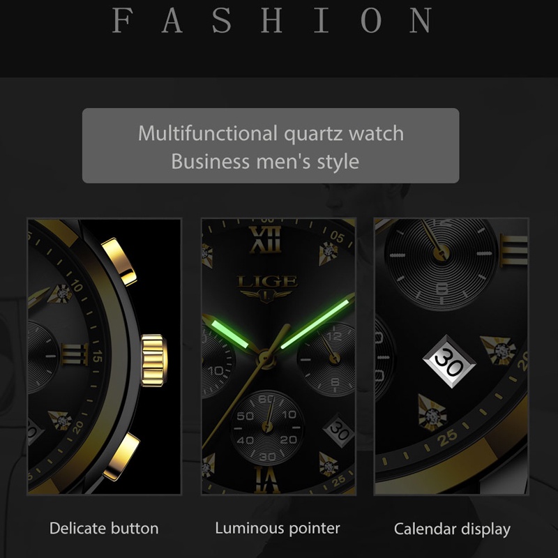 LIGE Men's Watch 10020 Fashion Gold Black Stainless Steel Waterproof Quartz