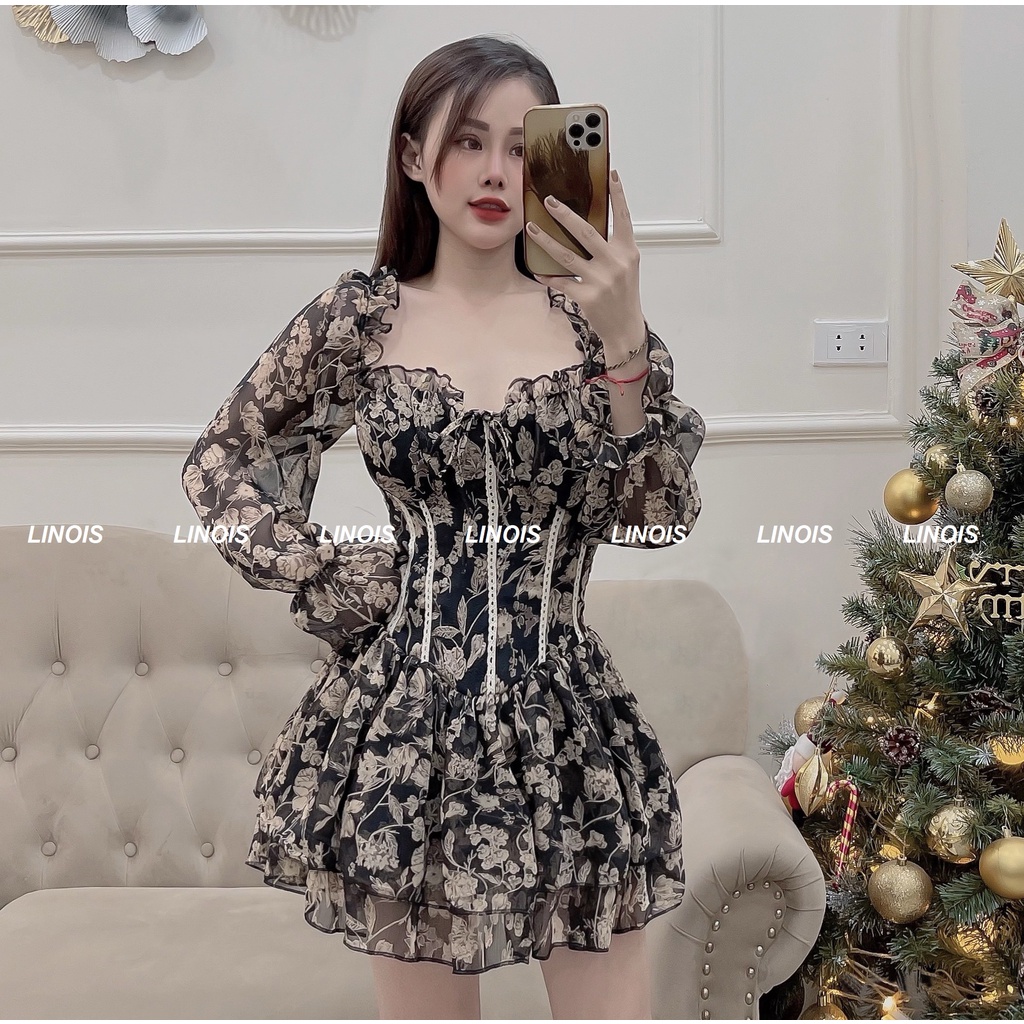 Đầm Voan Hoa Tay Dài Công Chúa Bo Eo Đuôi Váy Xòe Lưng Chun - Vải Chiffon - 2 Màu Hồng,Đen - Cho Nàng Đi Tiệc