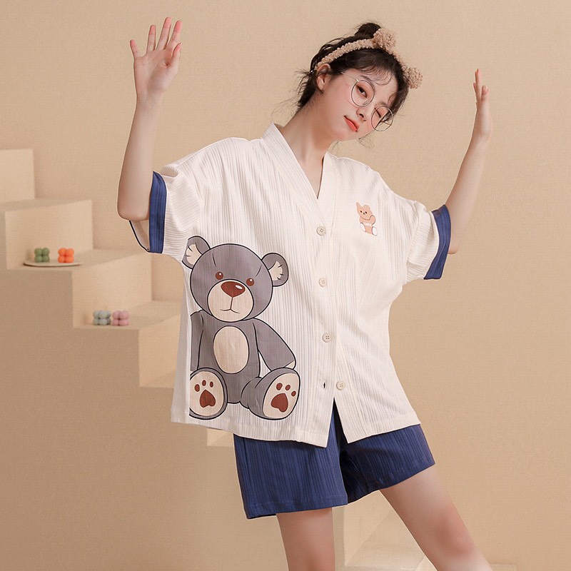 Bộ Đồ Ngủ Kimono Nữ Quần Đùi Áo Ngắn Tay Mùa Hè Đơn Giảm - Pyjama Mặc Nhà Mới Cho Nữ