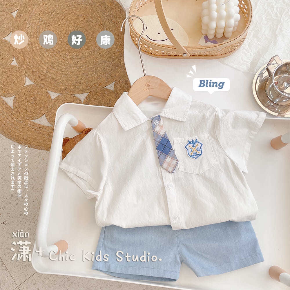 Bộ Áo Sơ Mi Tay Ngắn + Quần Short Thời Trang Mùa Hè Cho Bé Trai