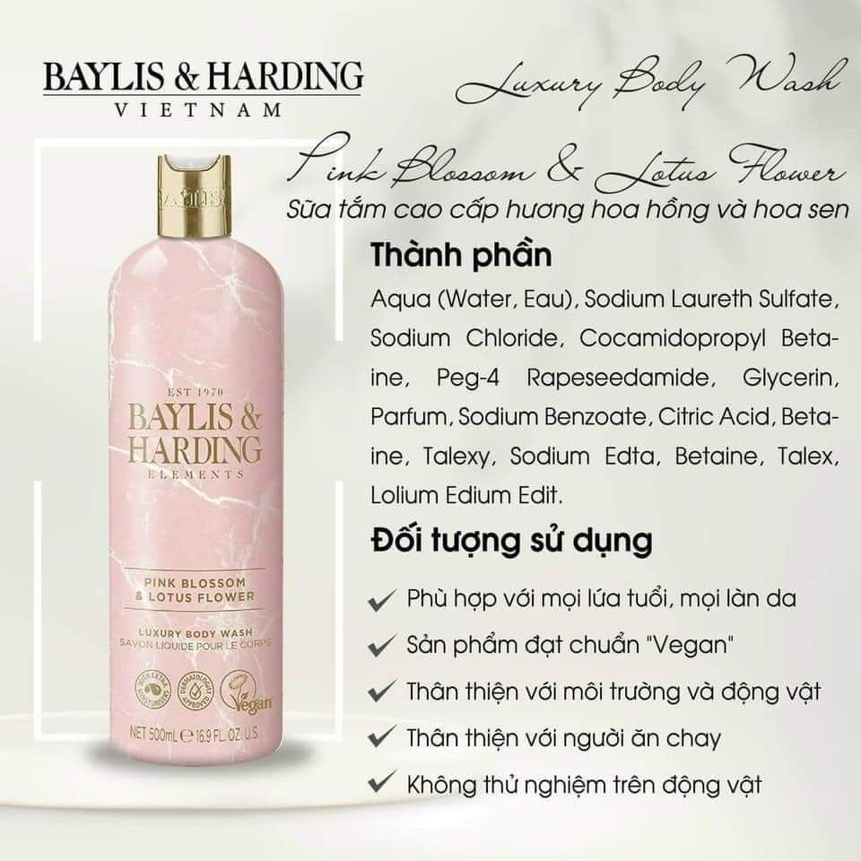 Sữa tắm cao cấp Baylis &amp; Harding body wash hương thơm sang trọng, quyến rũ 500ml